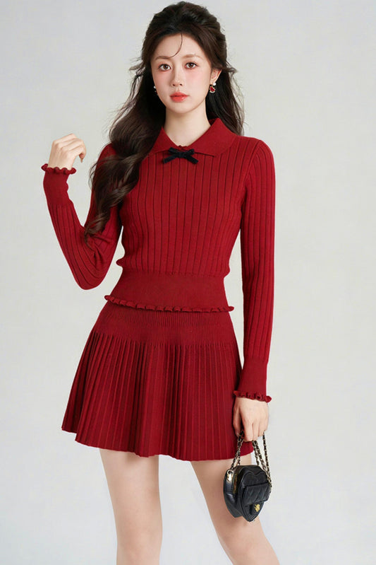 スイートレッドニットトップス+スカート