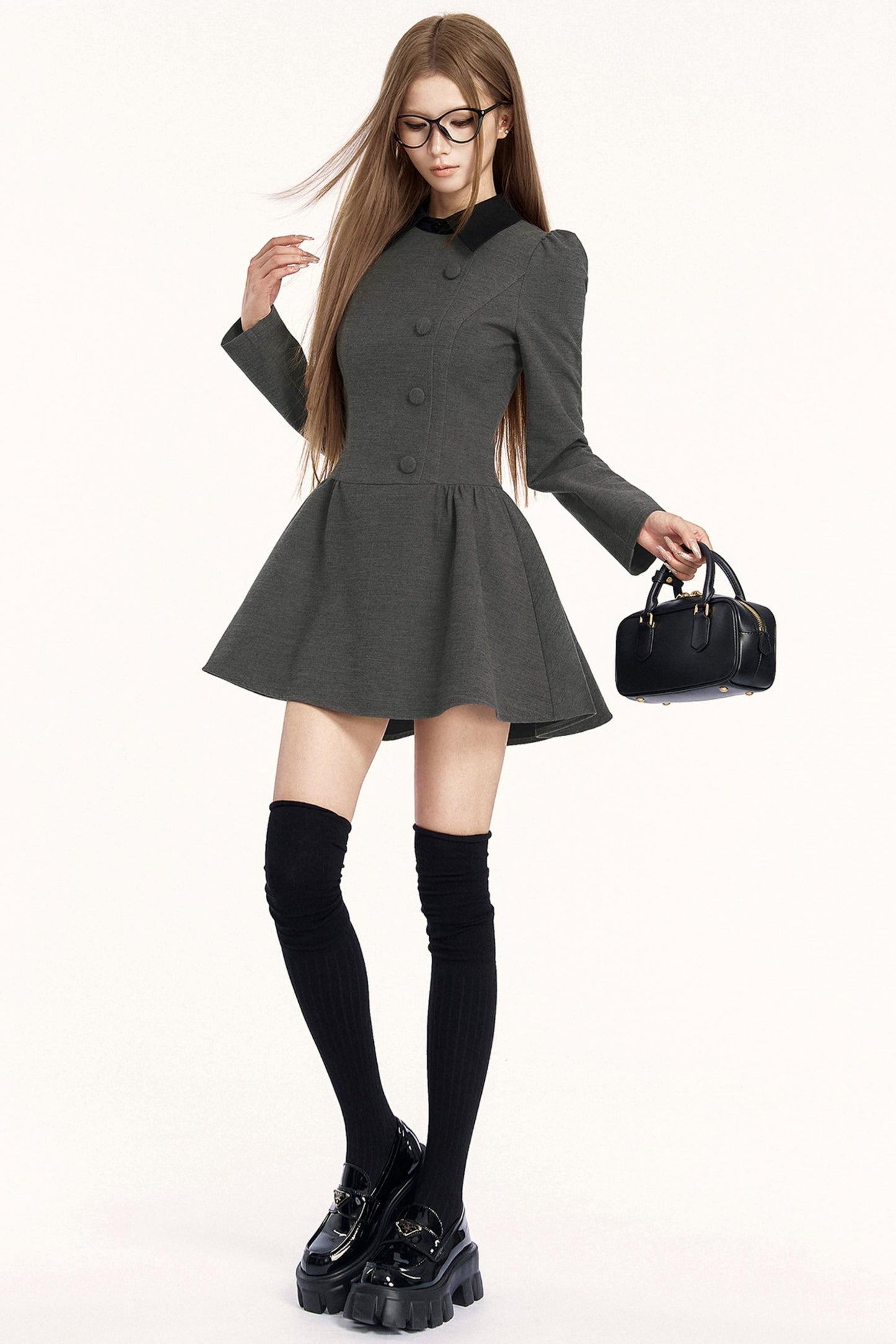 レトロガーリーカラーブロッキングドレス