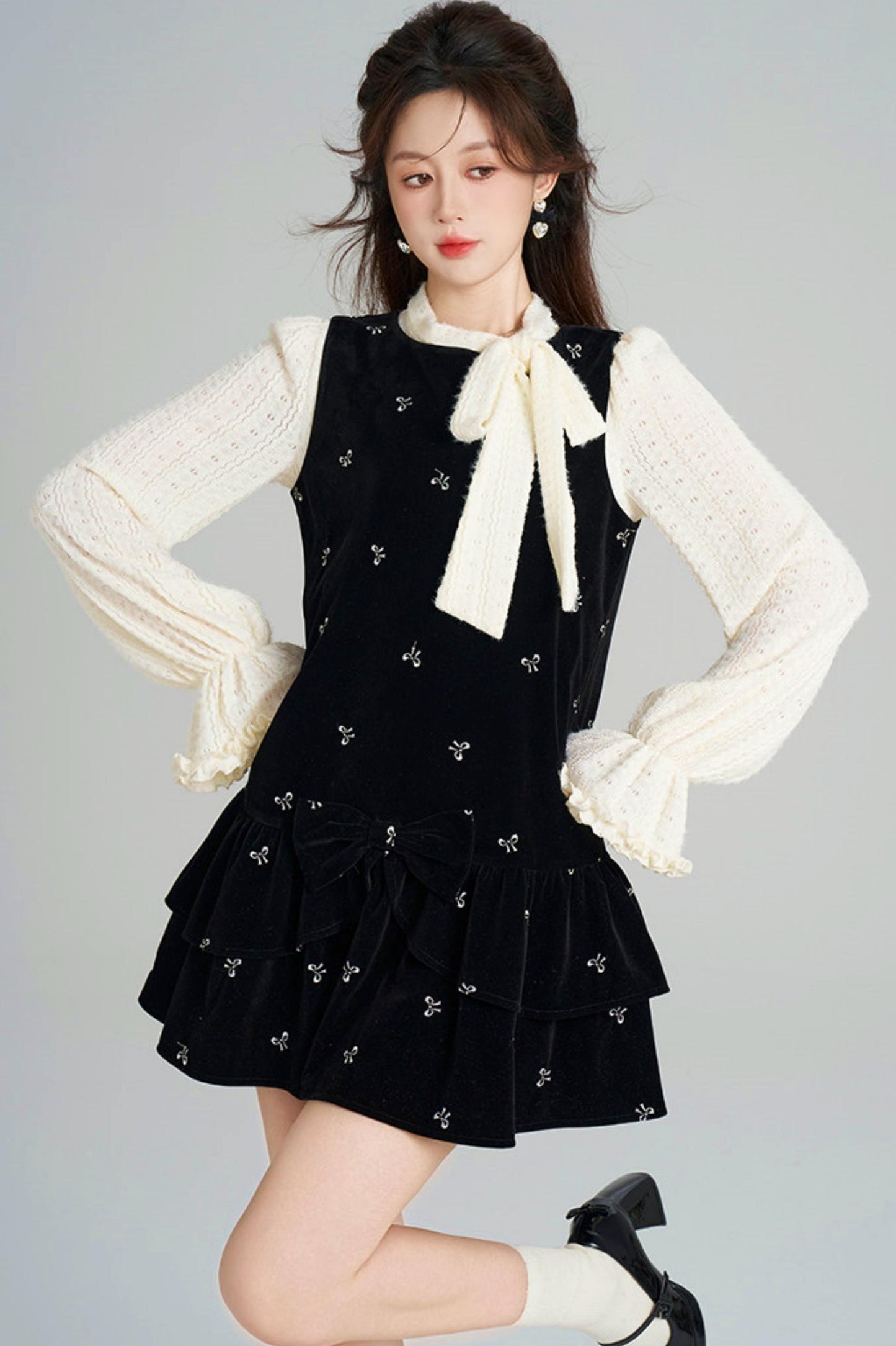 French Sweet Käbel Velvet Dress + Ribbon Neck Blouse