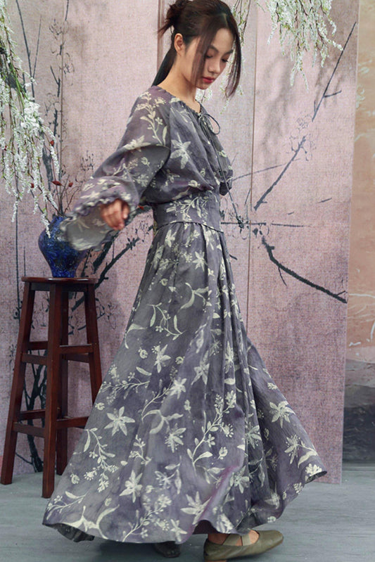 Floral Mist Gray Purple Top + Skirt