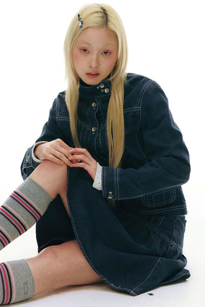 Pleated Denim A-Line Skirt