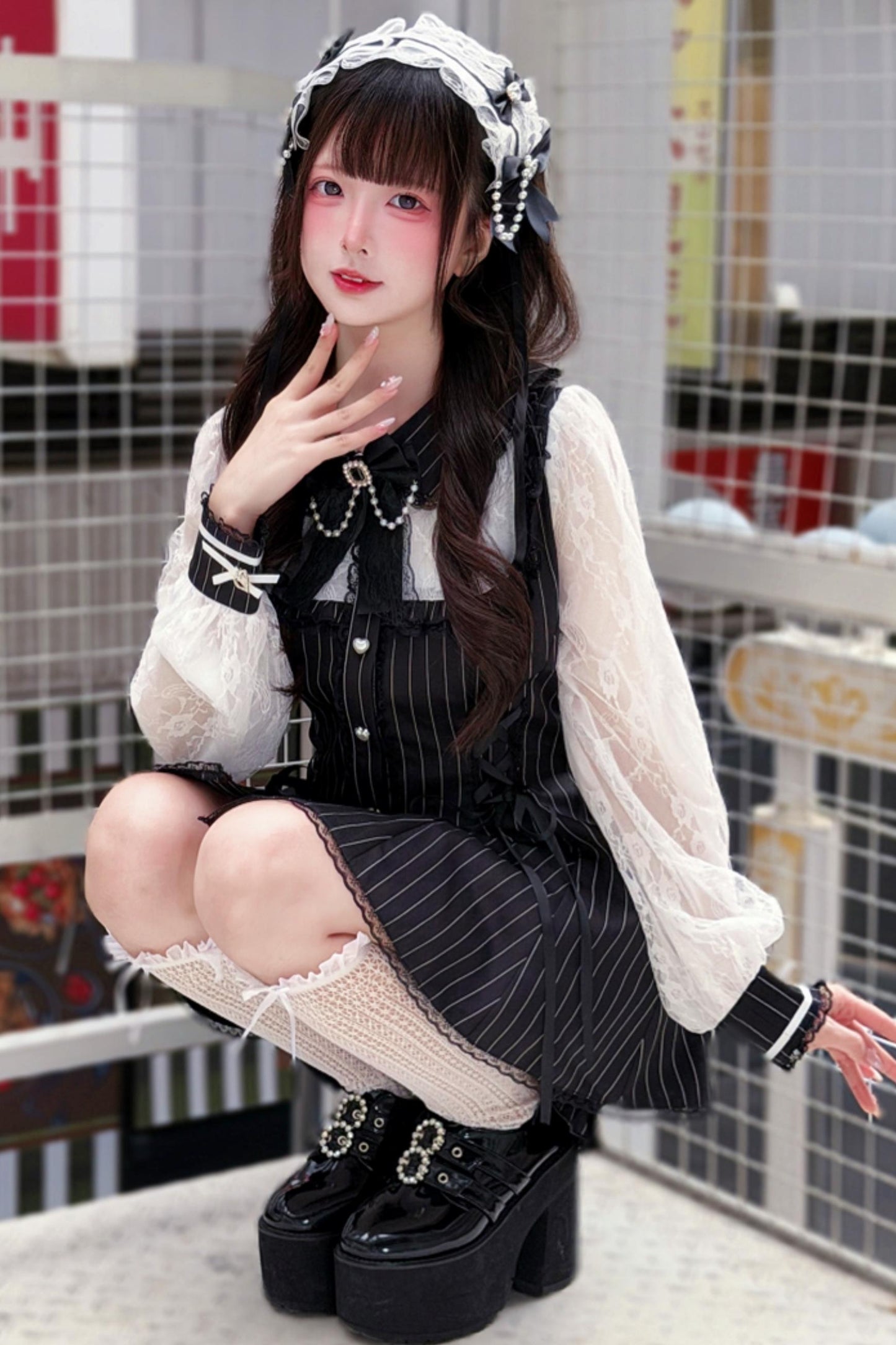 Striped Lace Dark Kawaii Dress + Shorts + Headdress
