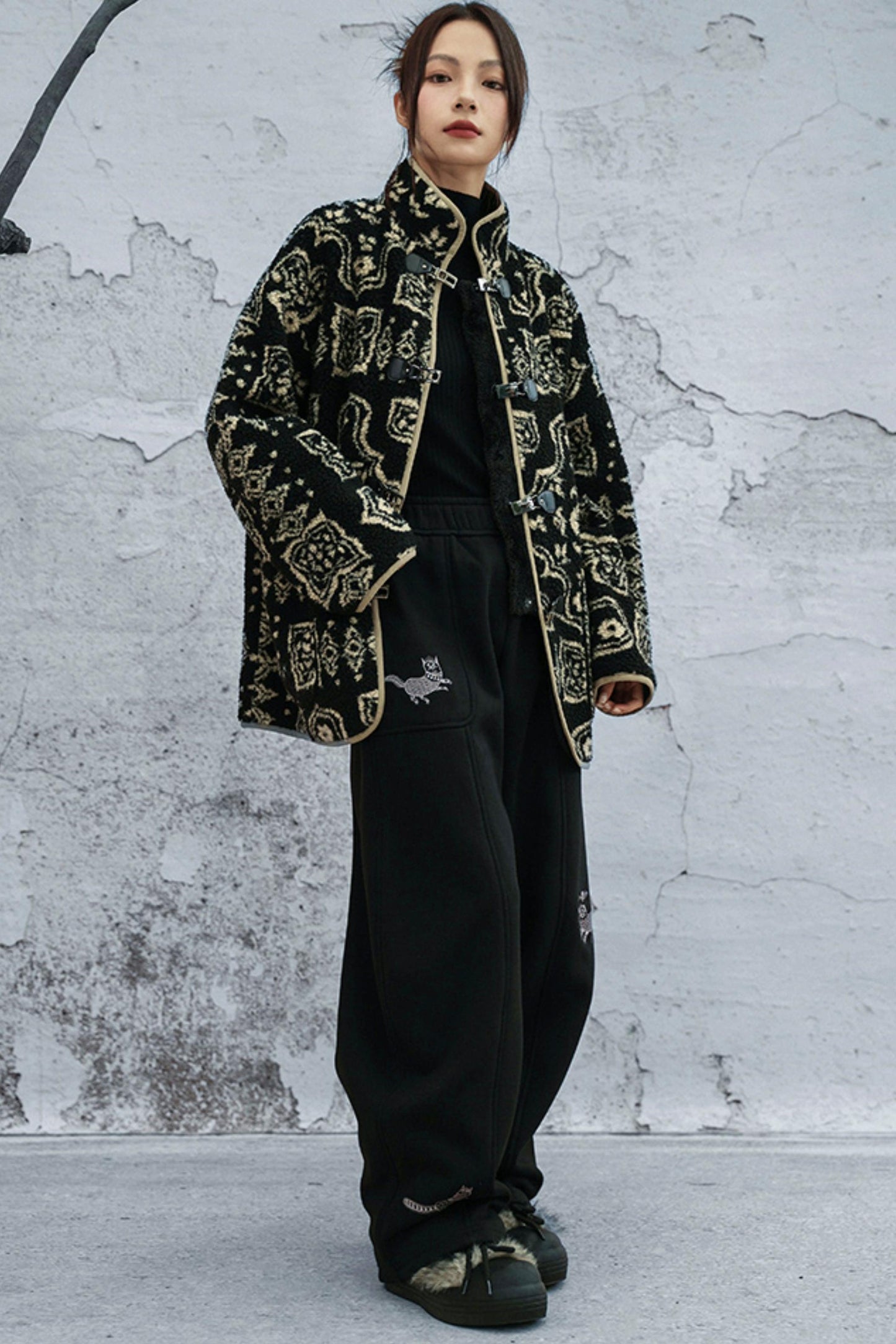 モードジャカードスタンドアップカラーコート