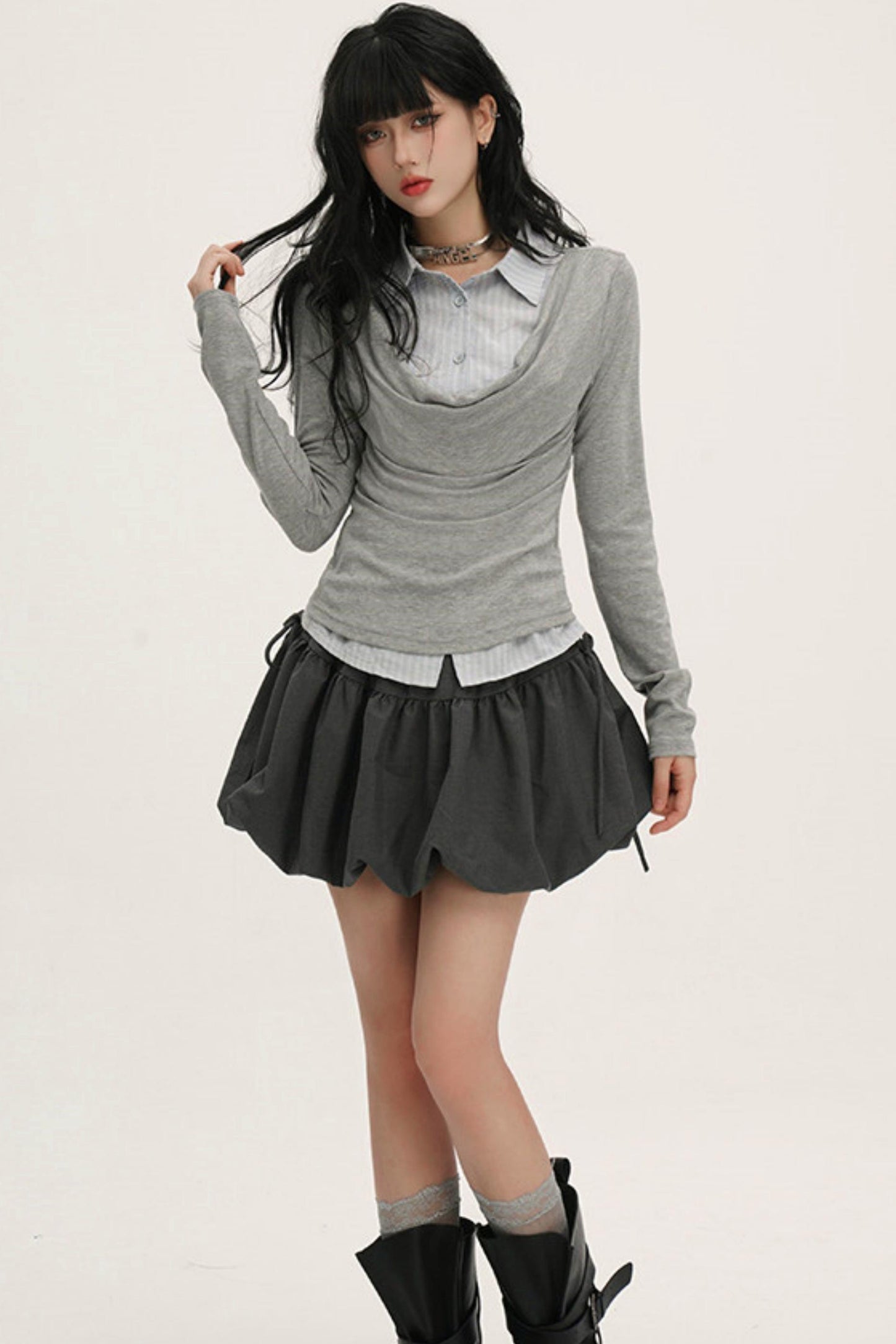 ドレープカウルネックレイヤードシャツ