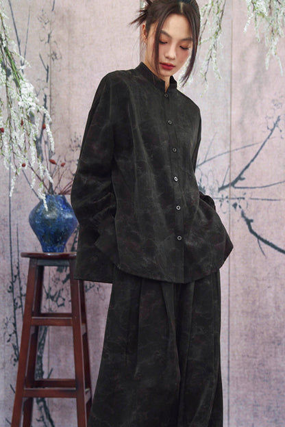 Camicia con colletto alla coreana sfumata nero scuro + pantaloni
