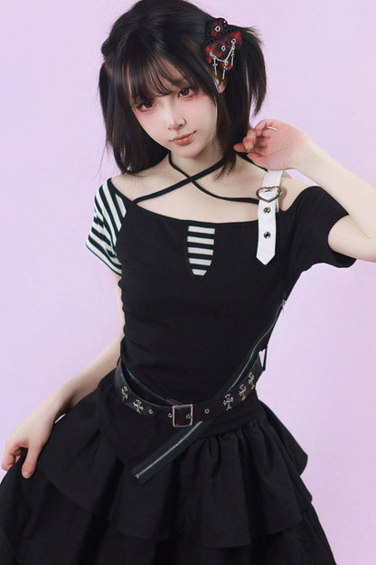 Heart Belt Off-Shoulder Punk Jirai Kei T-Shirt