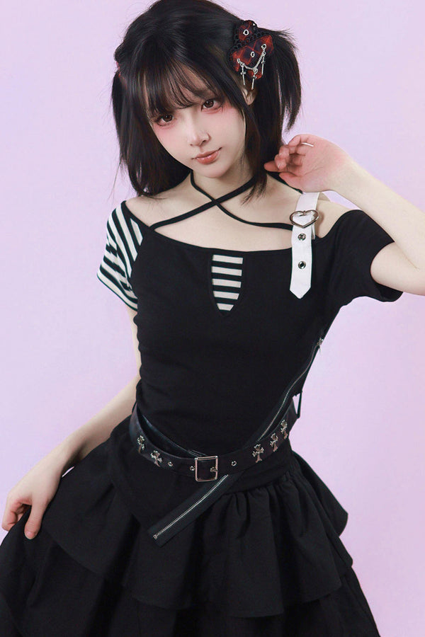 Heart Belt Off-Shoulder Punk Jirai Kei T-Shirt