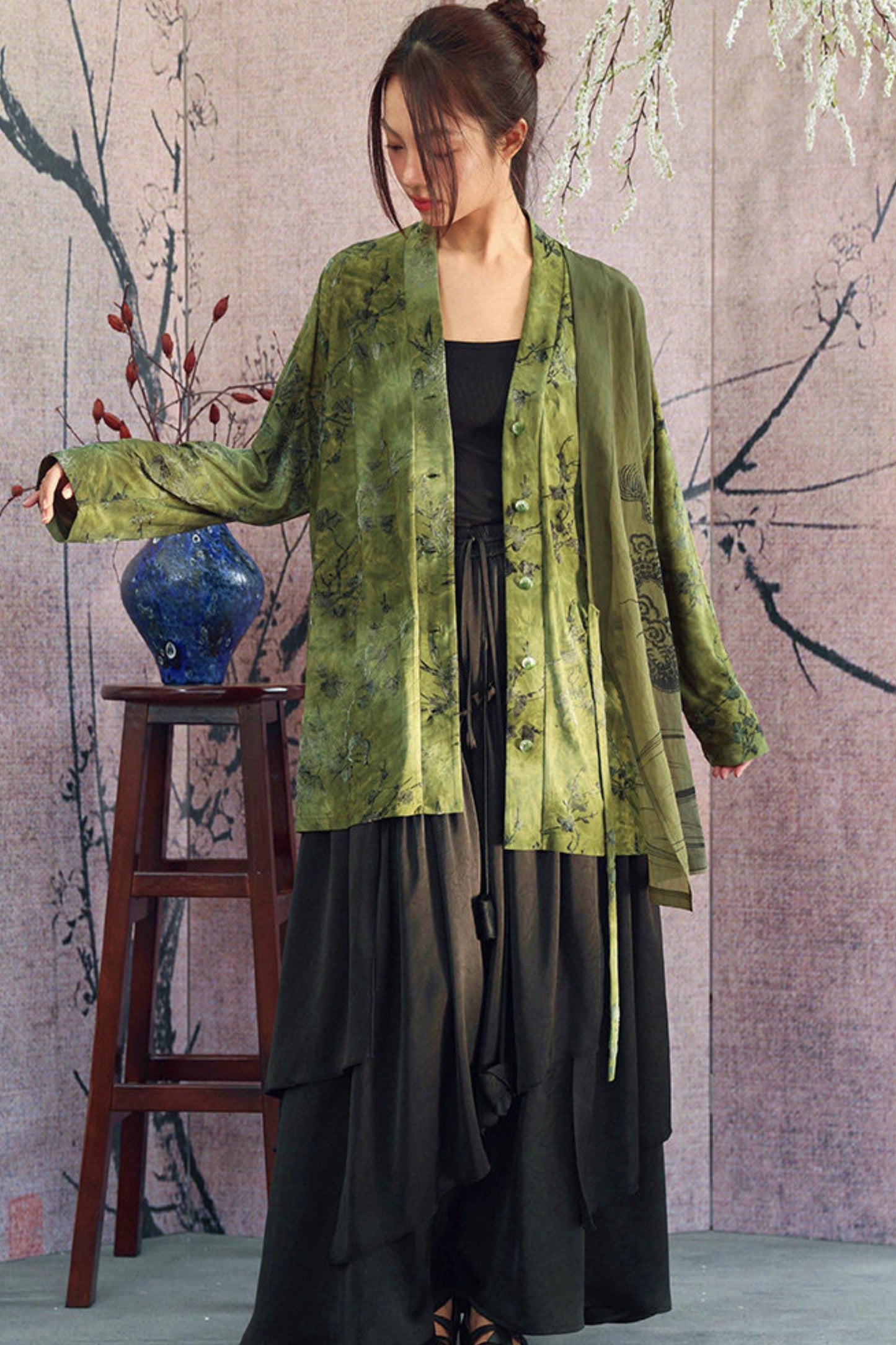 綠色竹葉龍紋中式夾克
