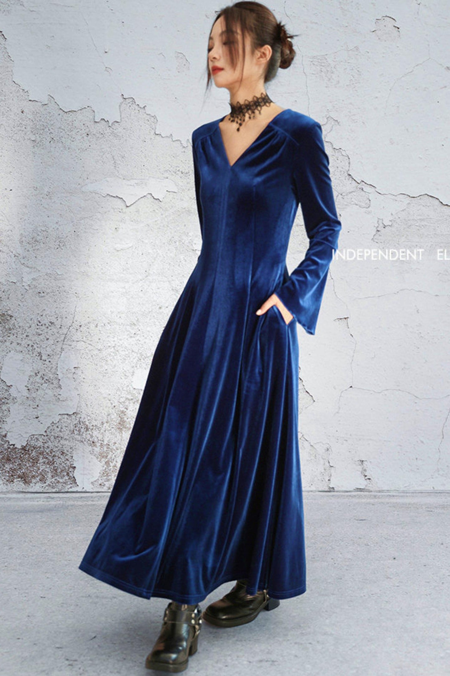 スカイダークフレアレトロロングドレス