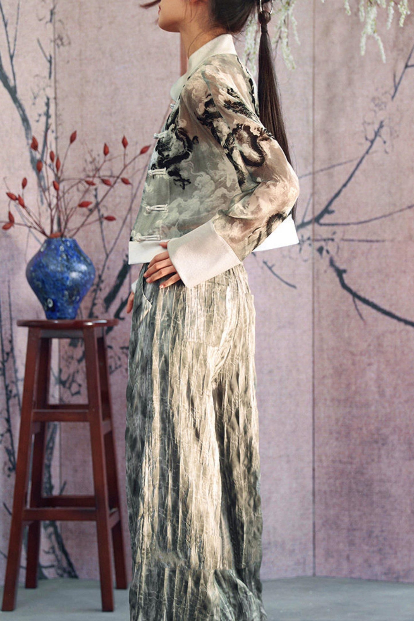 Gray Gradient Crinkled Wide Pants