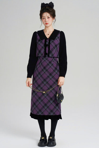 Velvet Patchwork Plaid Dress