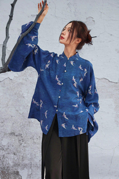 Dark Blue Retro Bird Pattern Stand Collar Shirt