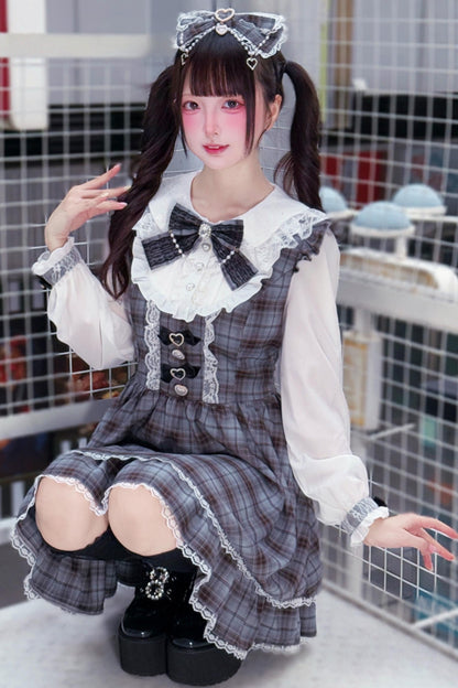 Robe Sweet Girly Grise à Carreaux et Ruban