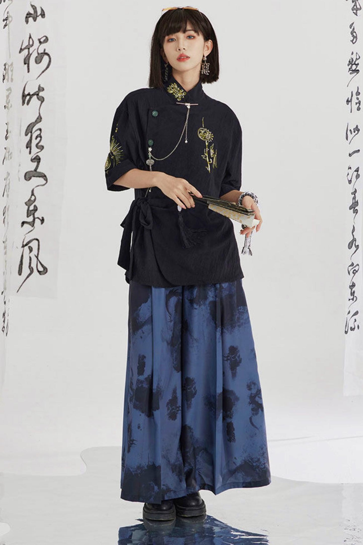 Black and Gold Oriental Ribbon Shirt + Chinese Wide-Leg Pants