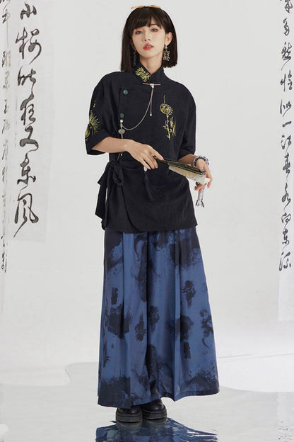 Black and Gold Oriental Ribbon Shirt + Chinese Wide-Leg Pants