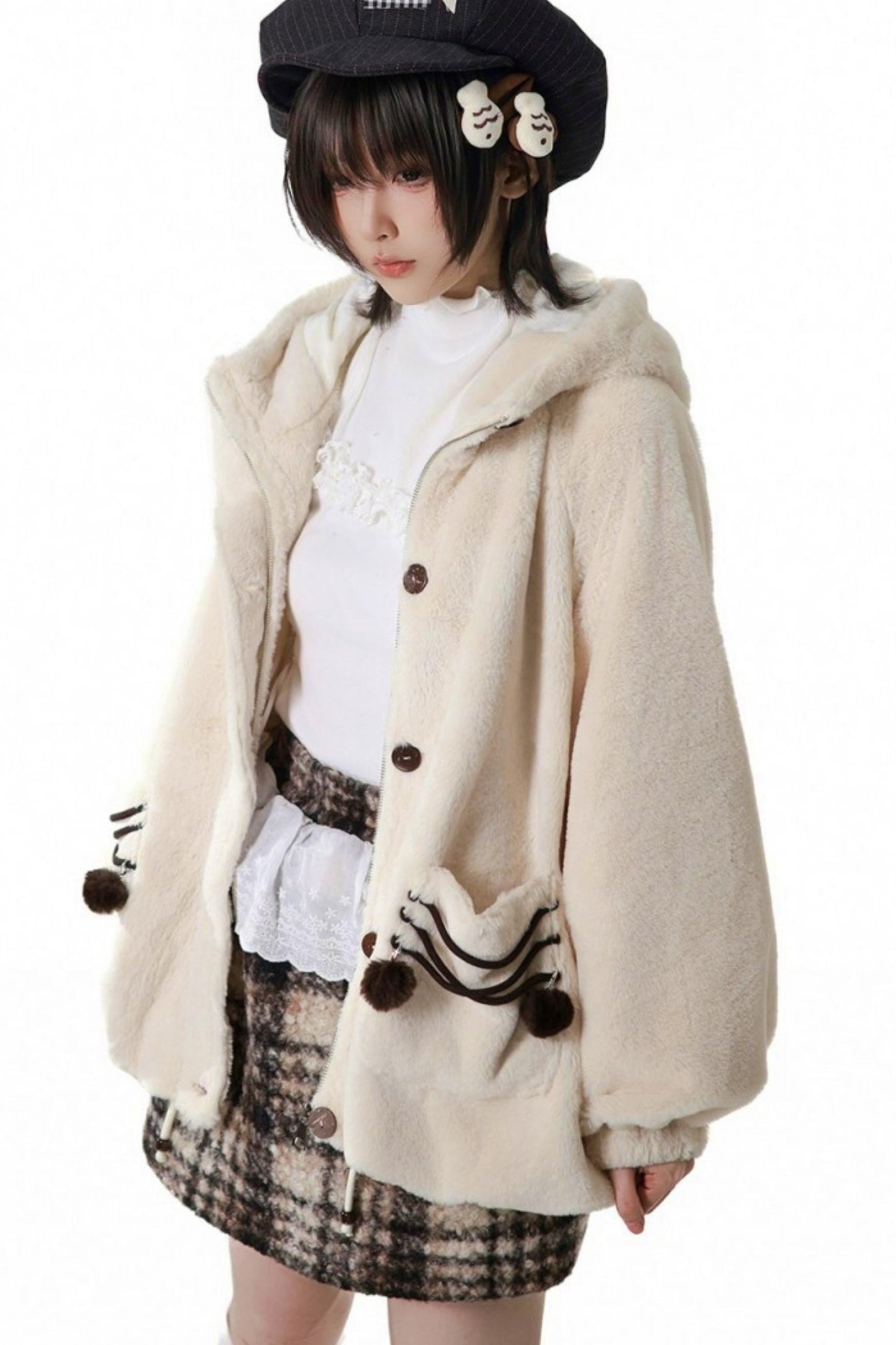 Plaid Skirt + Coat + Top + Leg Warmers