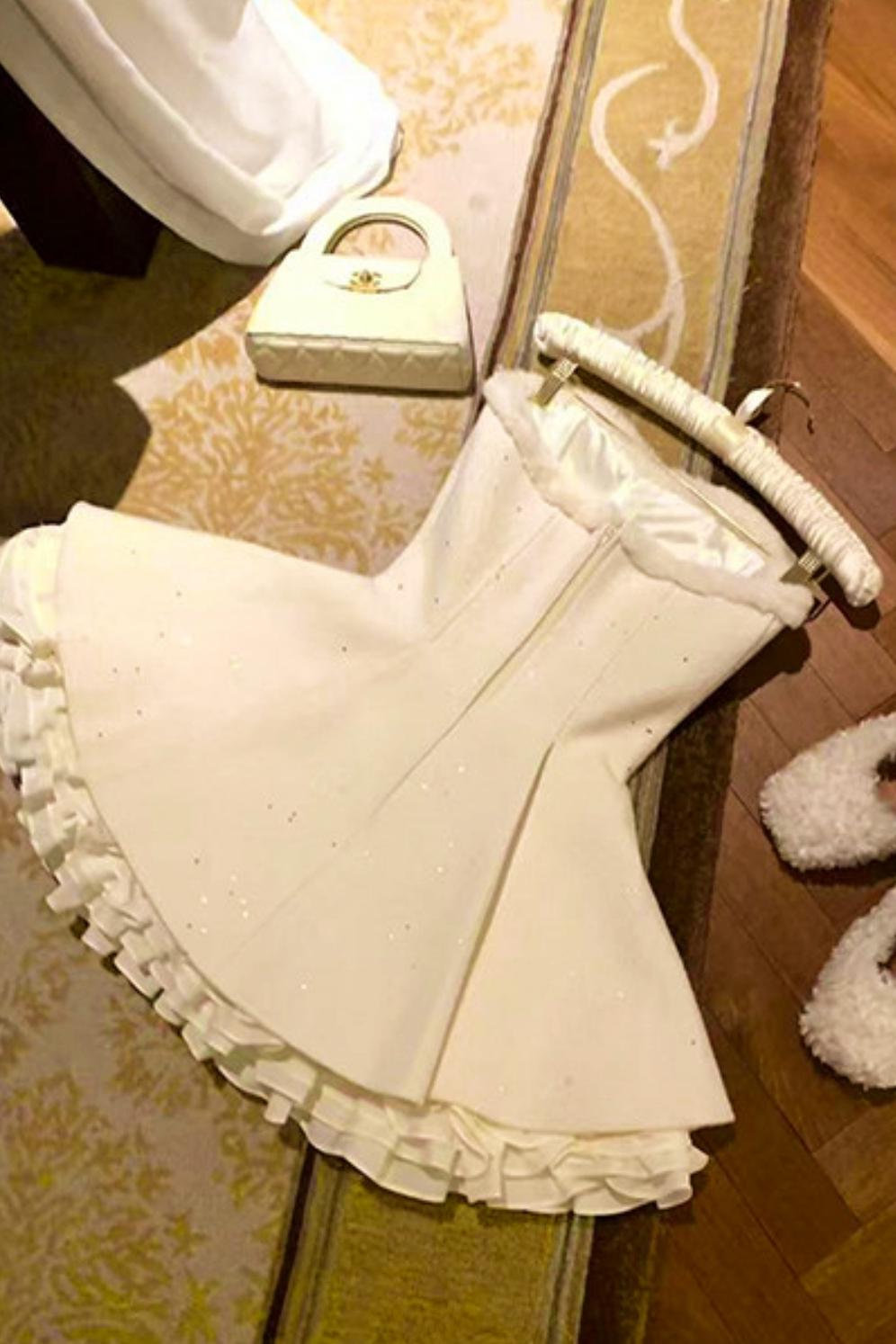 French off-the-shoulder dress + shawl + sleeves