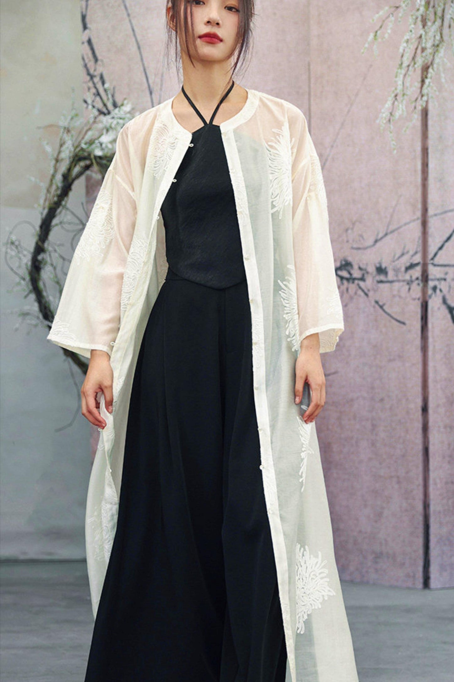 White Sheer Floral Embroidered Band-Collar Shirt Dress