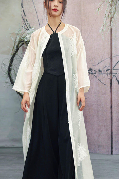 White Sheer Floral Embroidered Band-Collar Shirt Dress