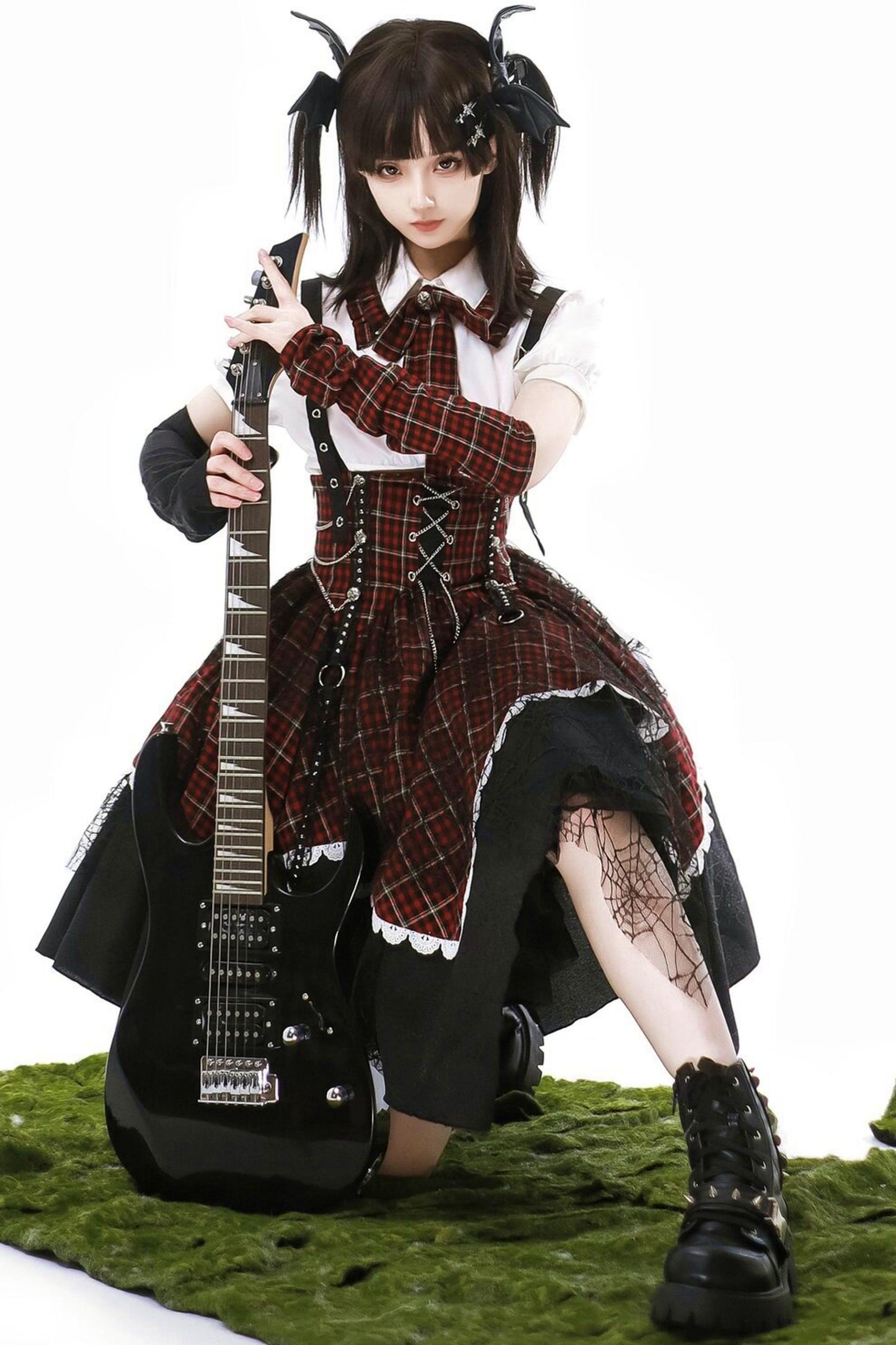 Gothic-Schulidol-Lolita-Trägerrock + Hemd + Ärmel