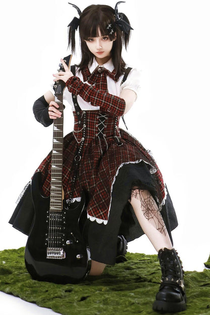 Gothic-Schulidol-Lolita-Trägerrock + Hemd + Ärmel
