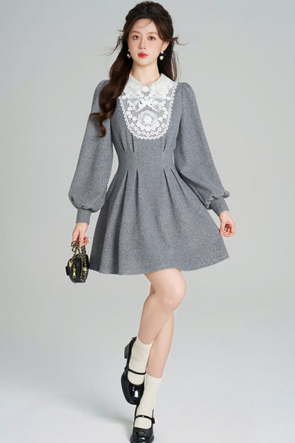 Lace Neck Design Waist Marked Dress