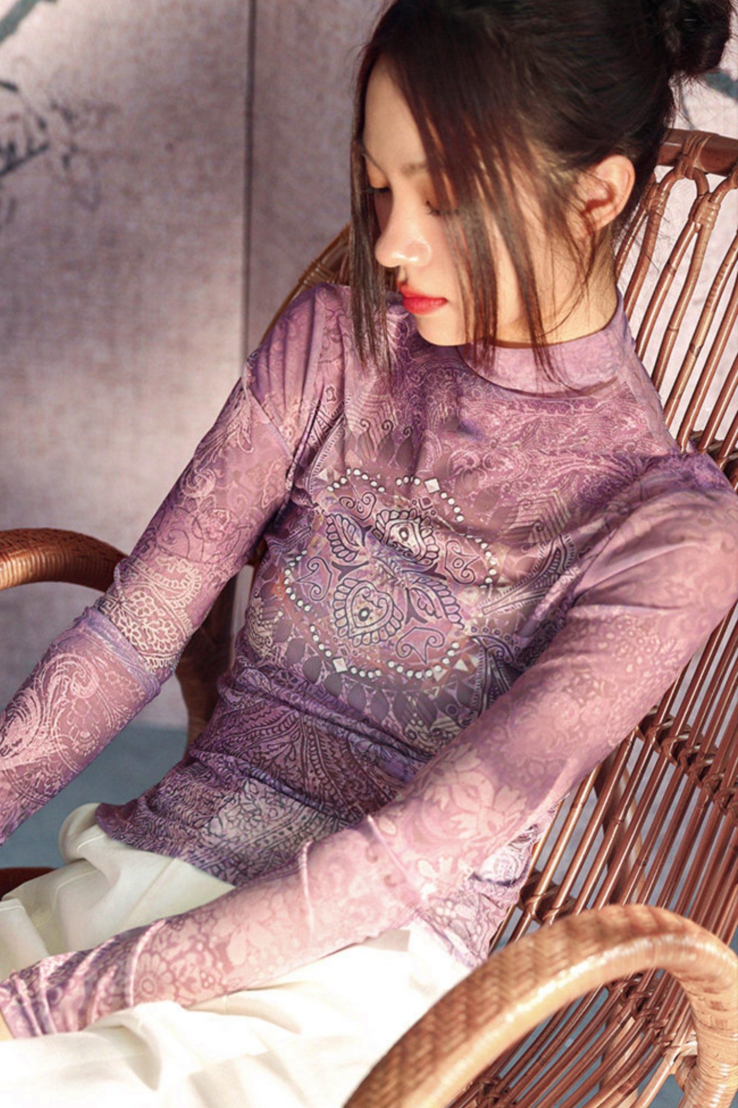 Elegant Purple Paisley Sheer Top