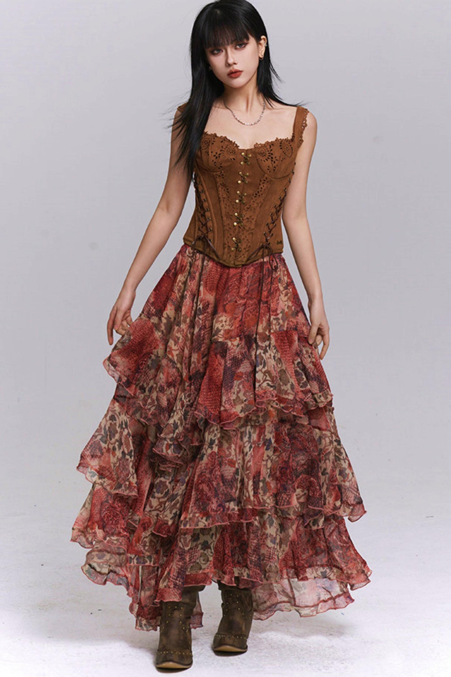 Red Floral Tiered Skirt