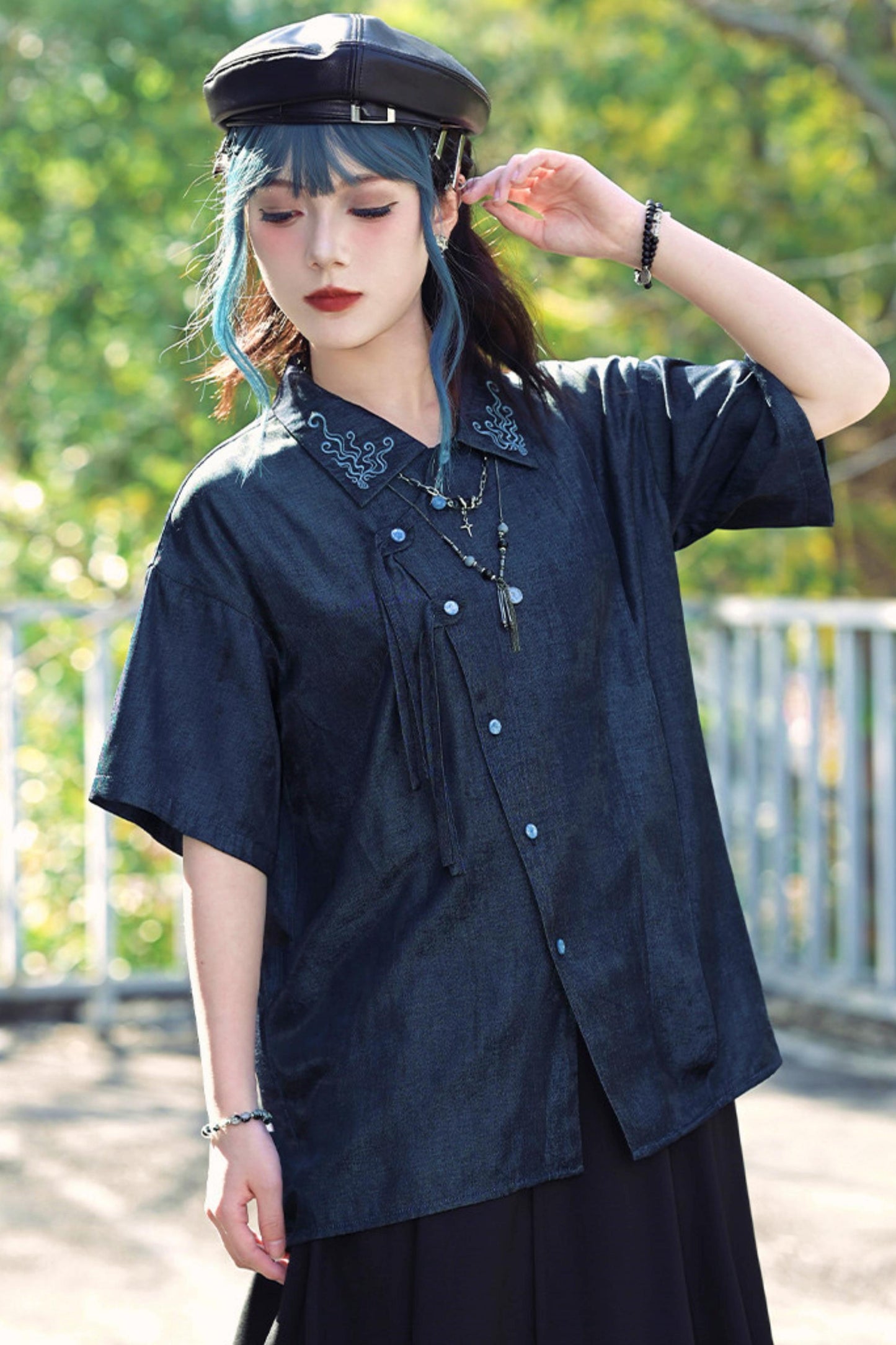 Embroidered Color Asymmetrical Chinese-Style Shirt