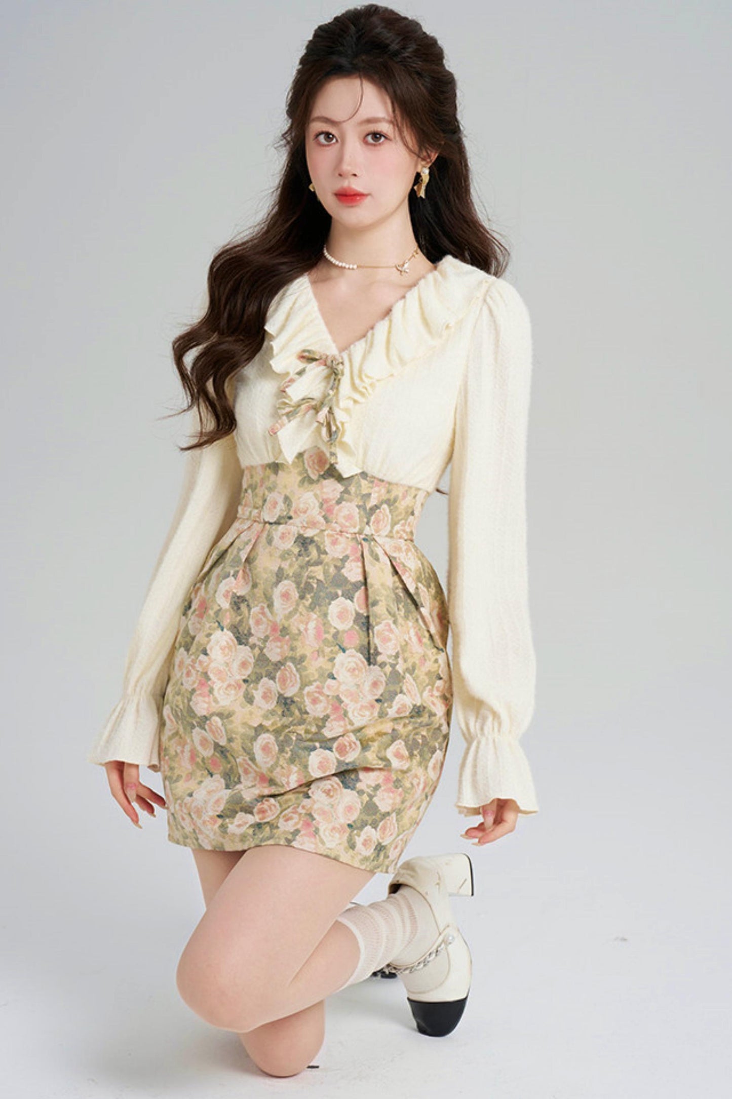 Ruffled Jacquard Floral Dress