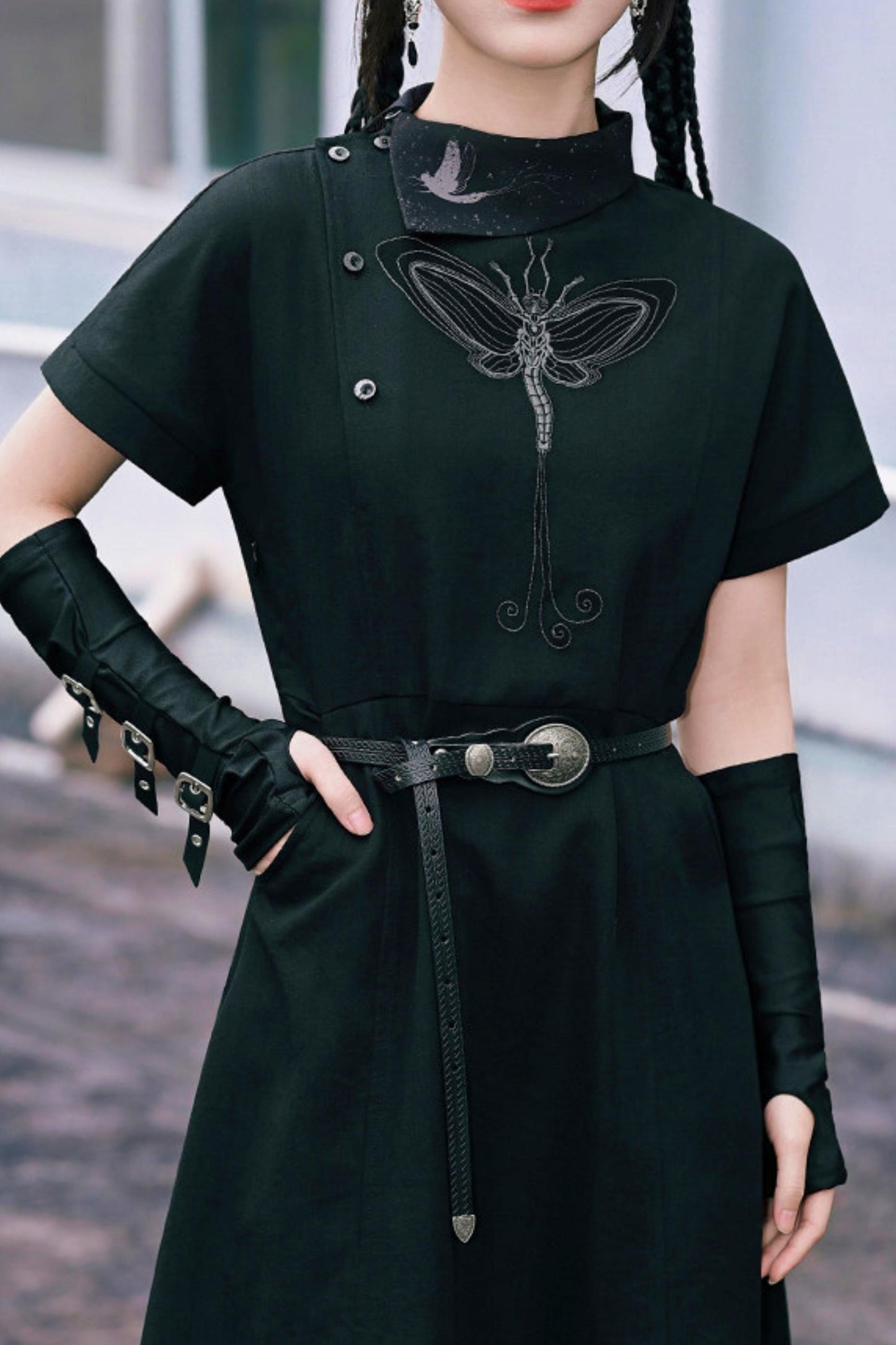 Black Dark Fantasy Metal Buckle Arm Covers (Fingerless Gloves)