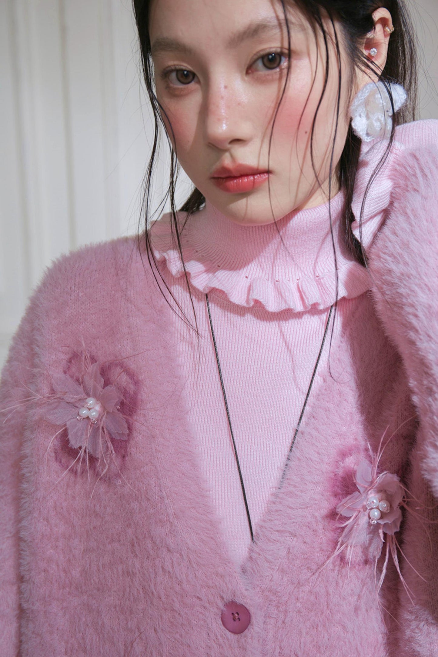 Pink Feather Floral Cardigan