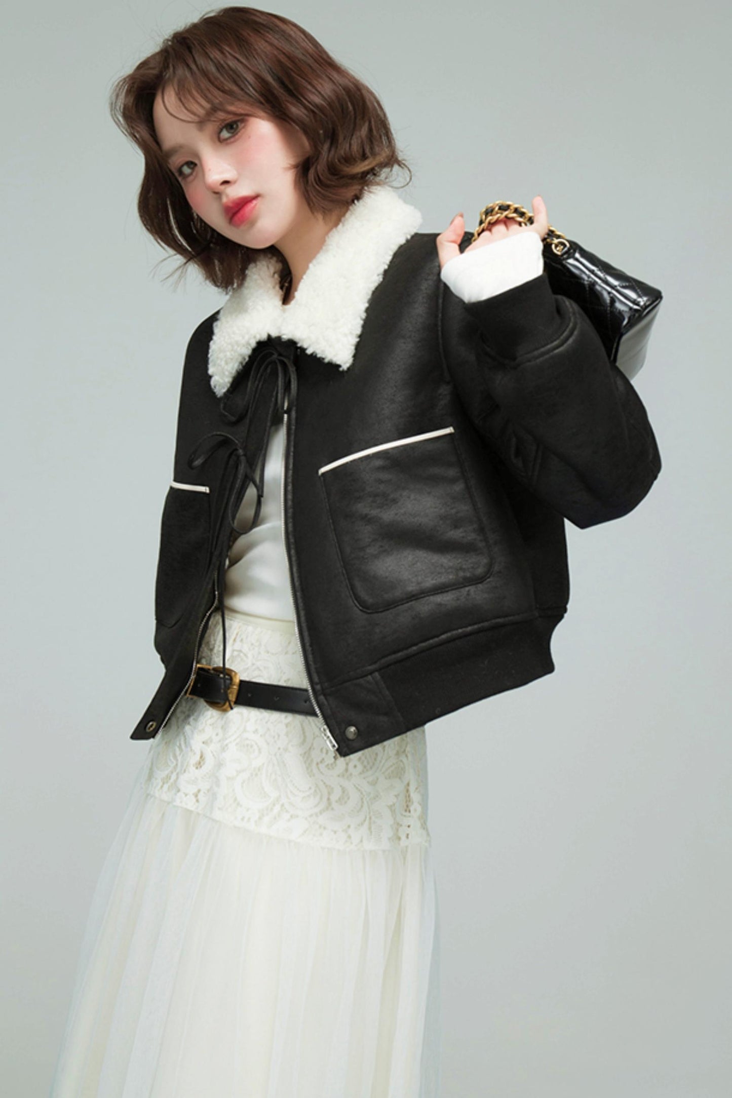 カラーブロックドシアリングコート