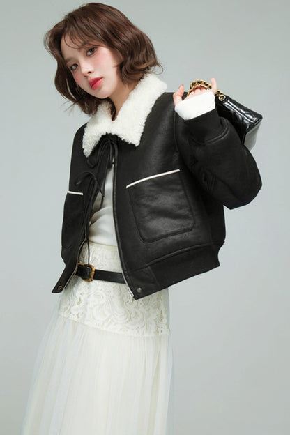 カラーブロックドシアリングコート