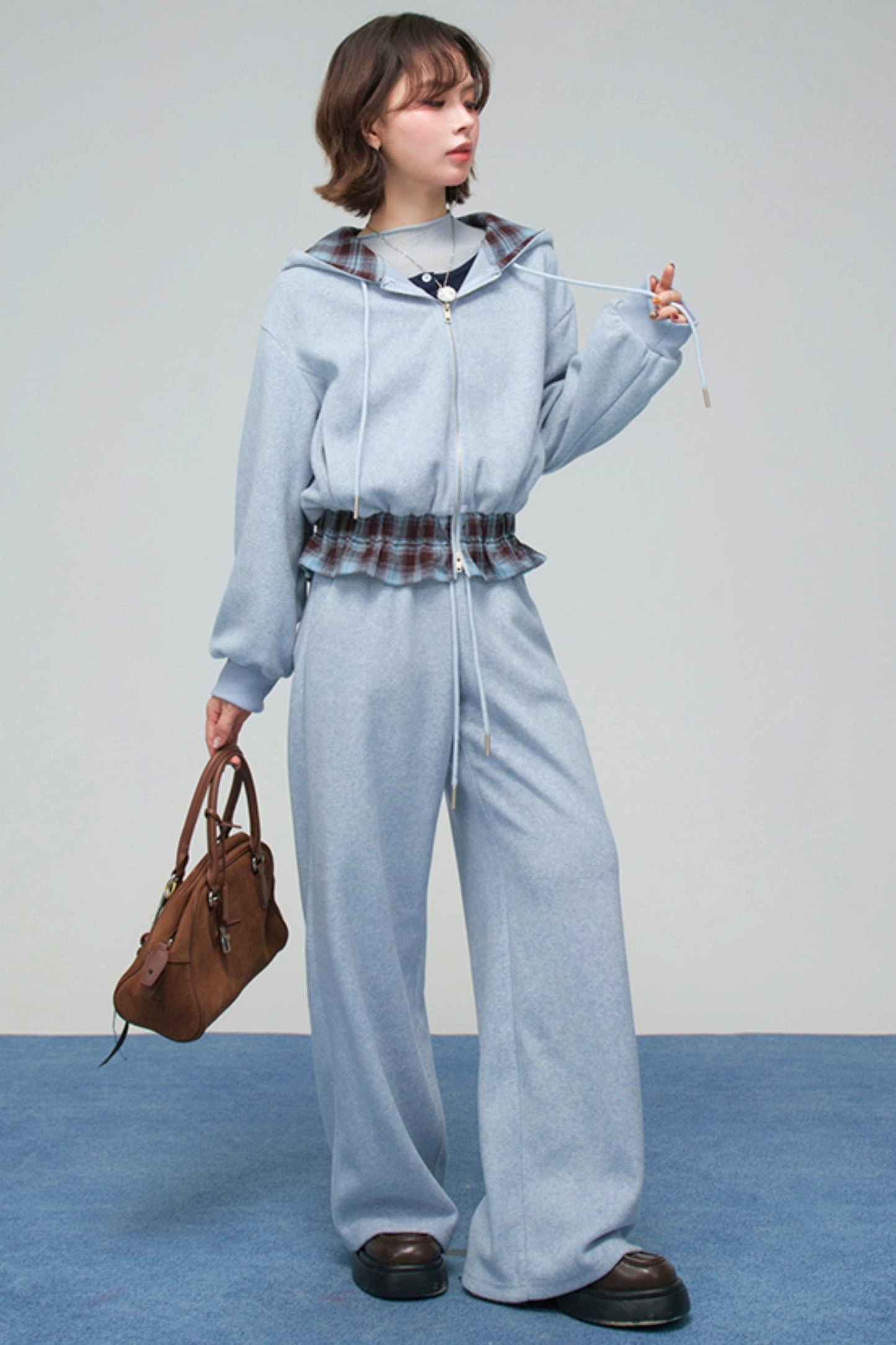 パッチワークプラッドフーデッドジャケットセットアップ