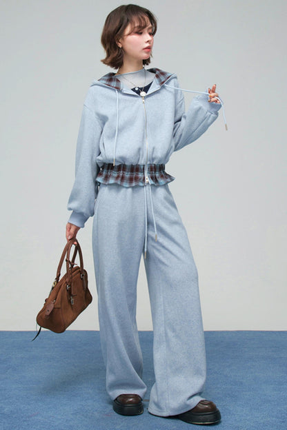 パッチワークプラッドフーデッドジャケットセットアップ