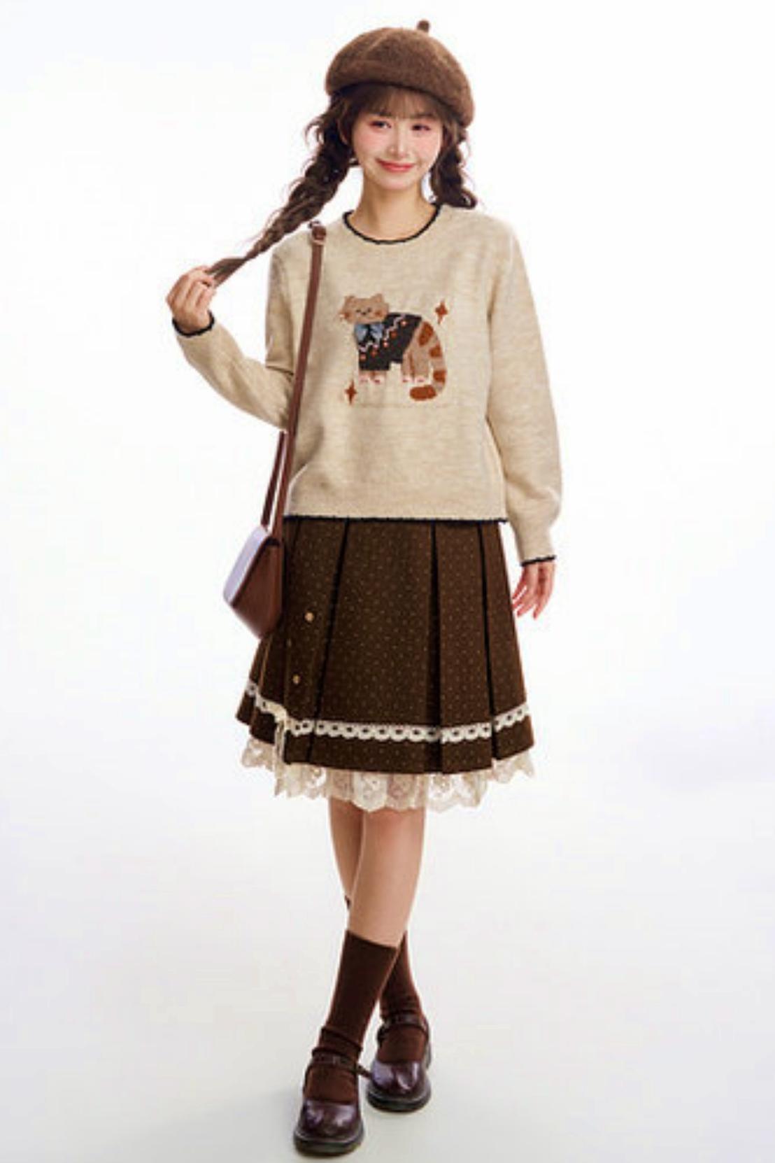 ブラウンポルカドットレーススカート