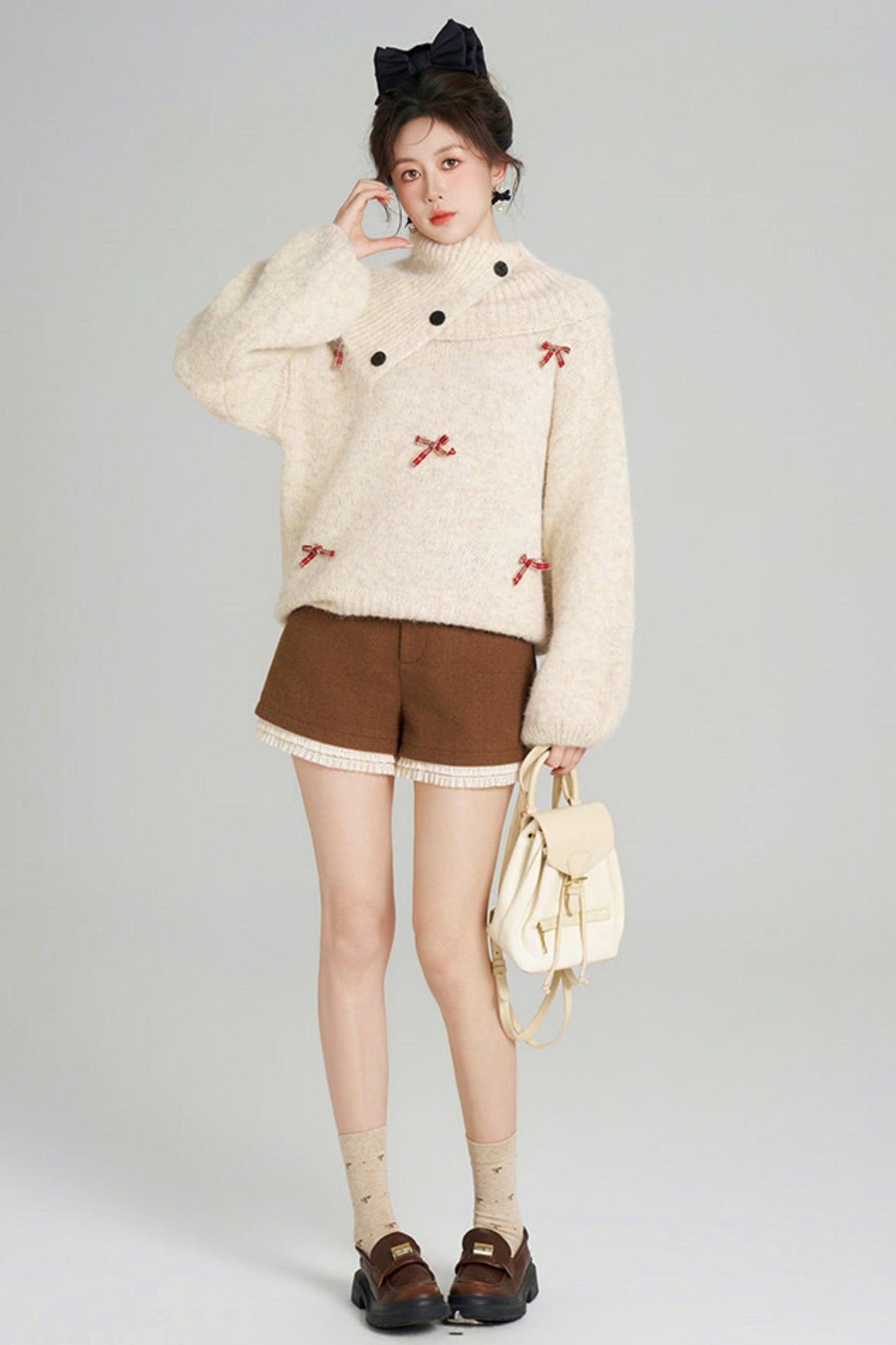 リボンフレンチニットセーター+ショートパンツ