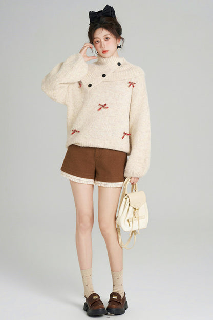 リボンフレンチニットセーター+ショートパンツ