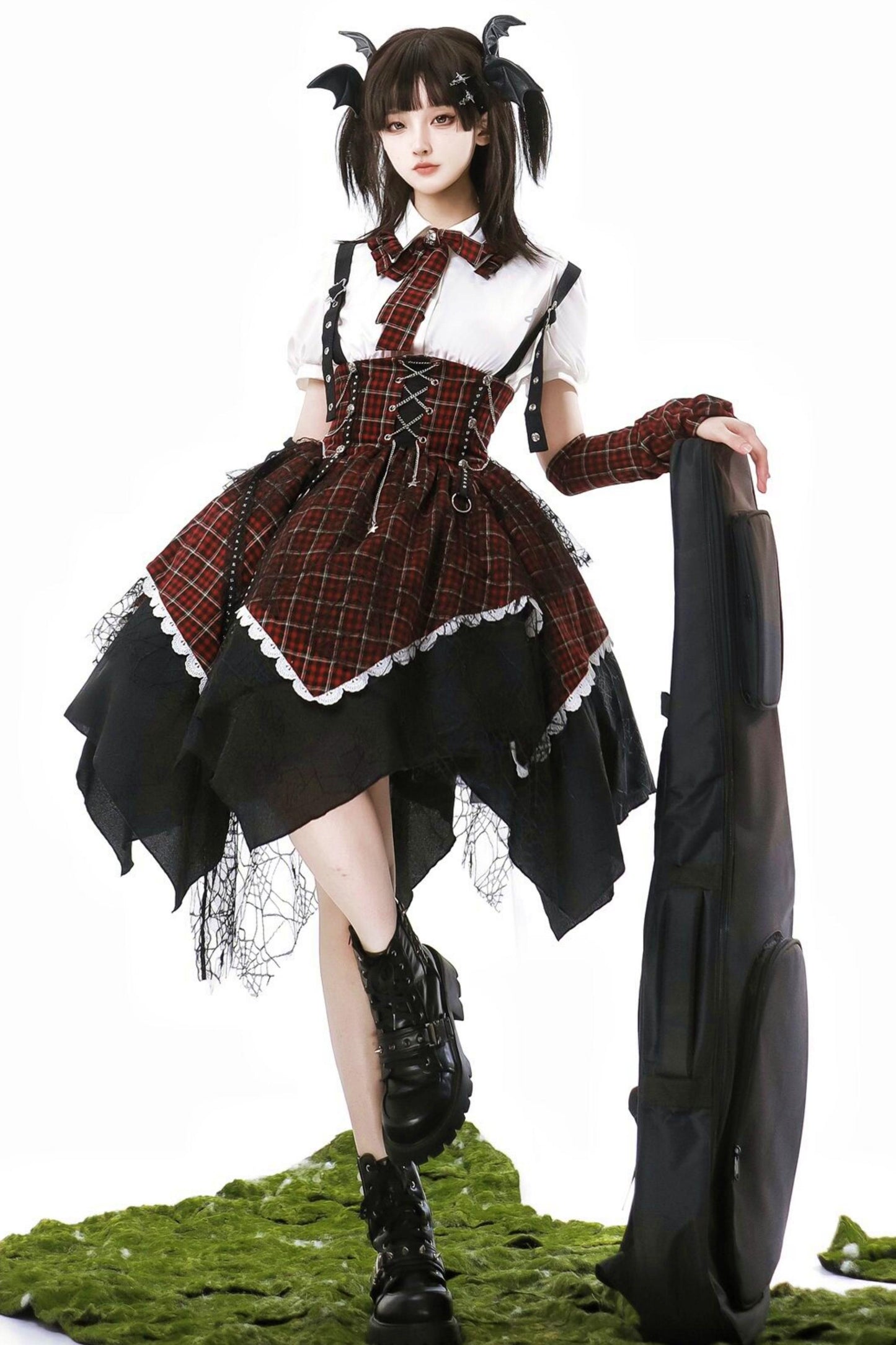 Gothic-Schulidol-Lolita-Trägerrock + Hemd + Ärmel