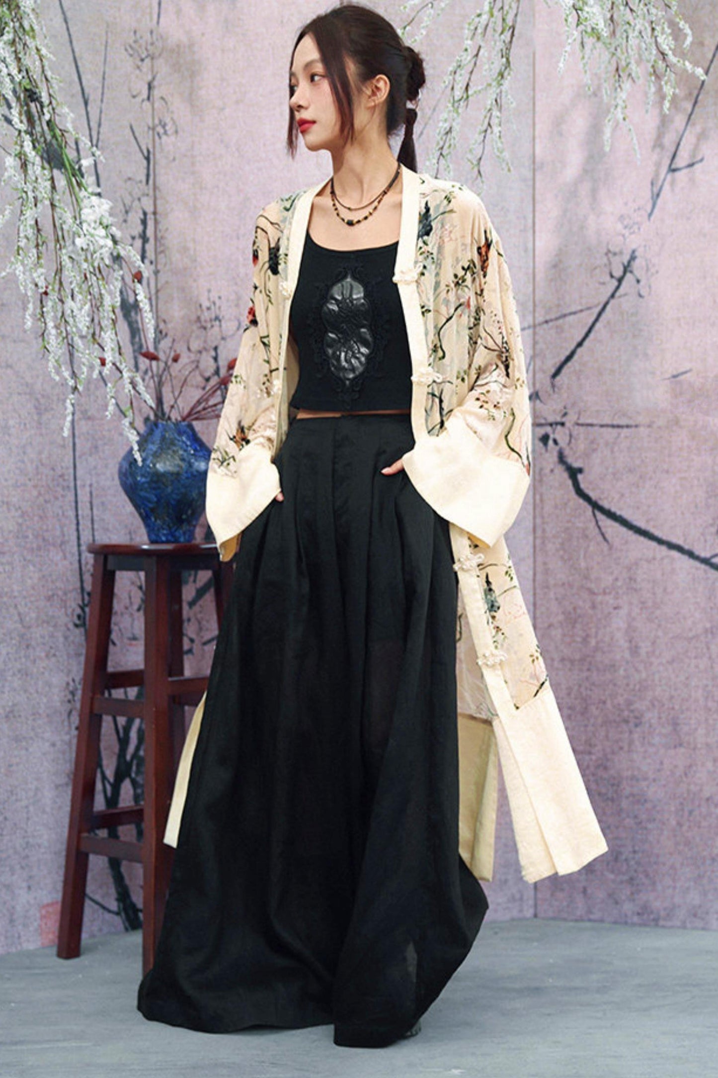 Floral Print Sheer Satin Chinese-Style Long Cardigan