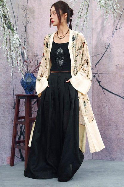 Floral Print Sheer Satin Chinese-Style Long Cardigan