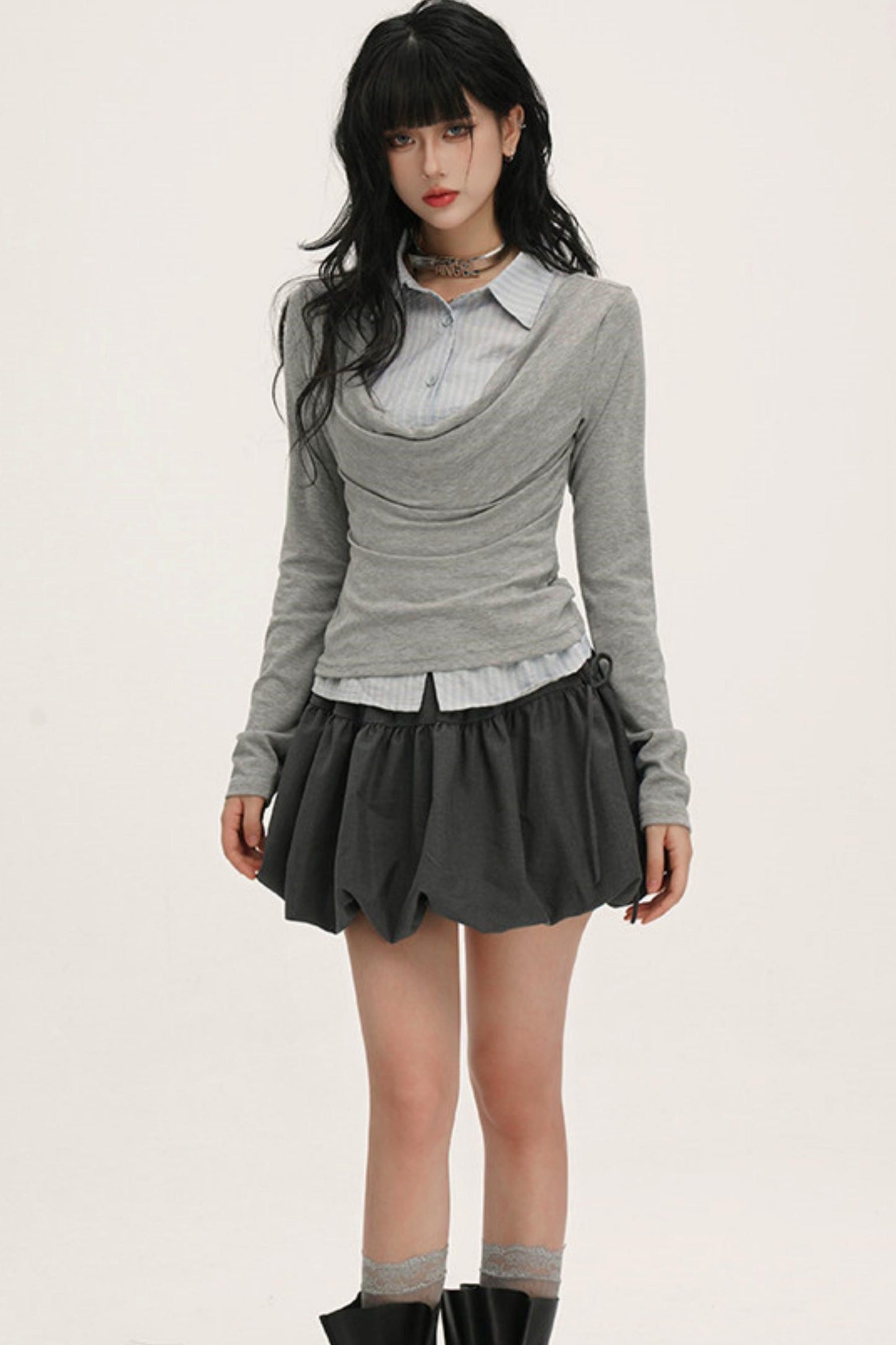 ドレープカウルネックレイヤードシャツ