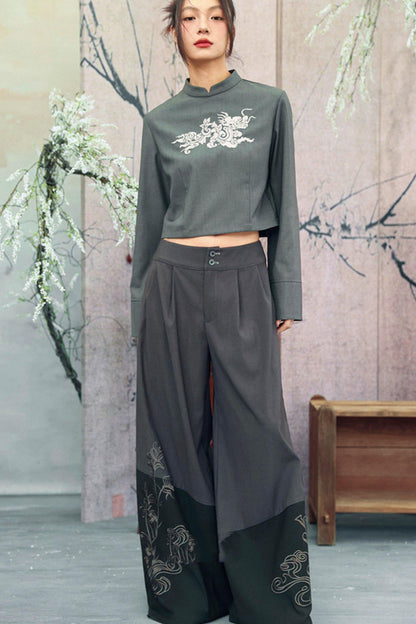 Gray x Black Embroidered High-Waist Wide-Leg Pants
