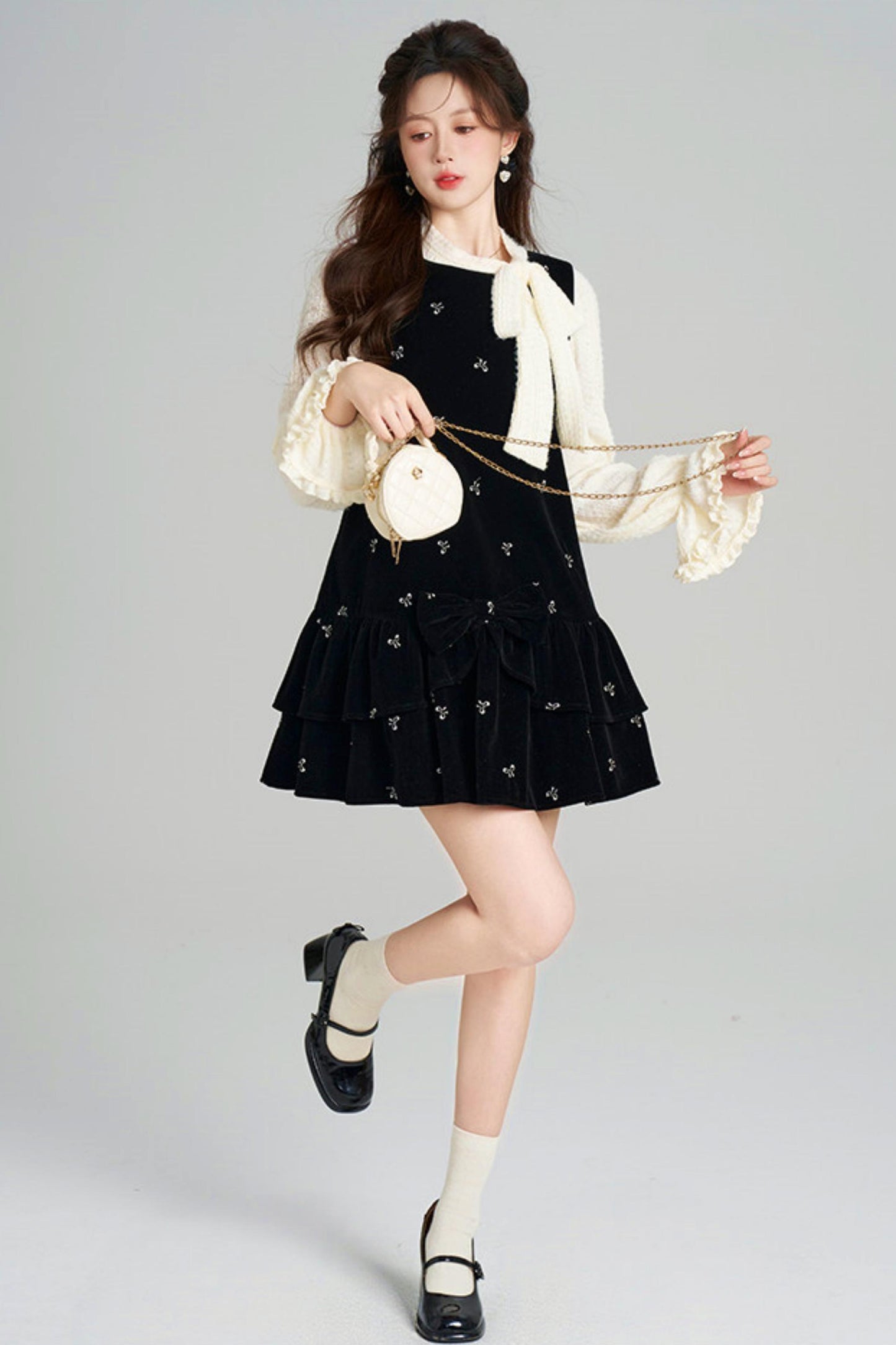 French Sweet Käbel Velvet Dress + Ribbon Neck Blouse