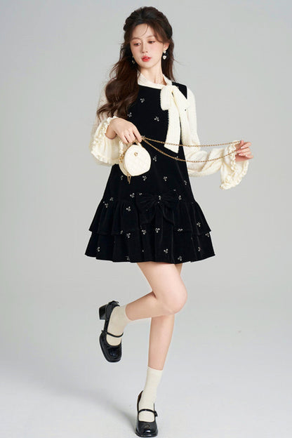 French Sweet Käbel Velvet Dress + Ribbon Neck Blouse