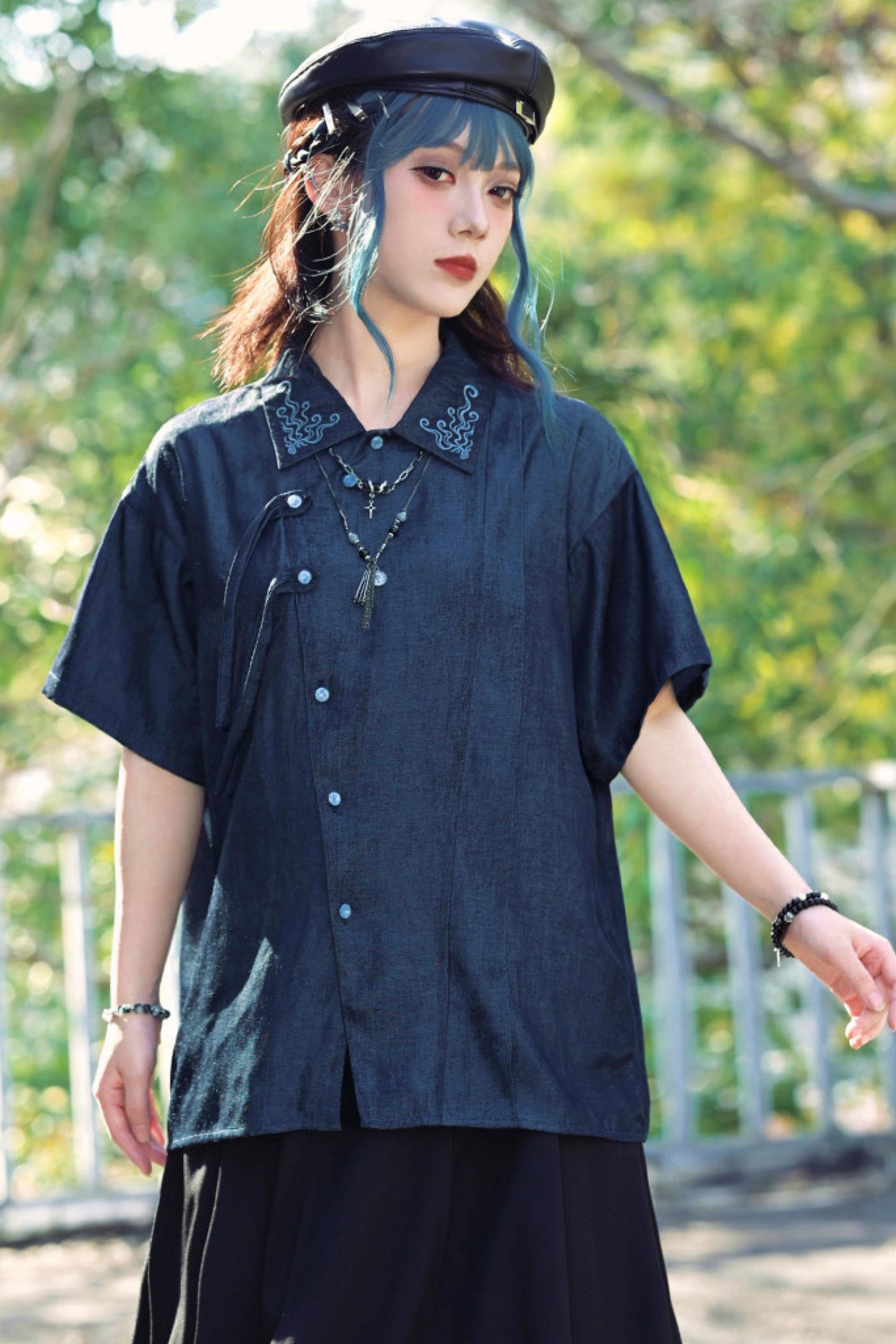 Embroidered Color Asymmetrical Chinese-Style Shirt
