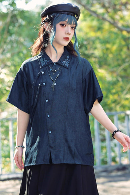 Embroidered Color Asymmetrical Chinese-Style Shirt
