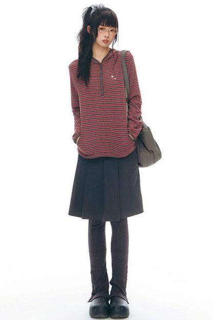 ストライプドフーデッドニットトップス