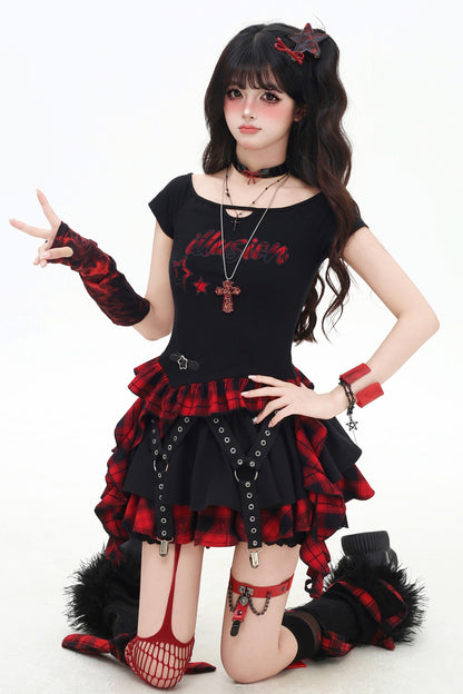 チェックリボンスリムTシャツセットアップ